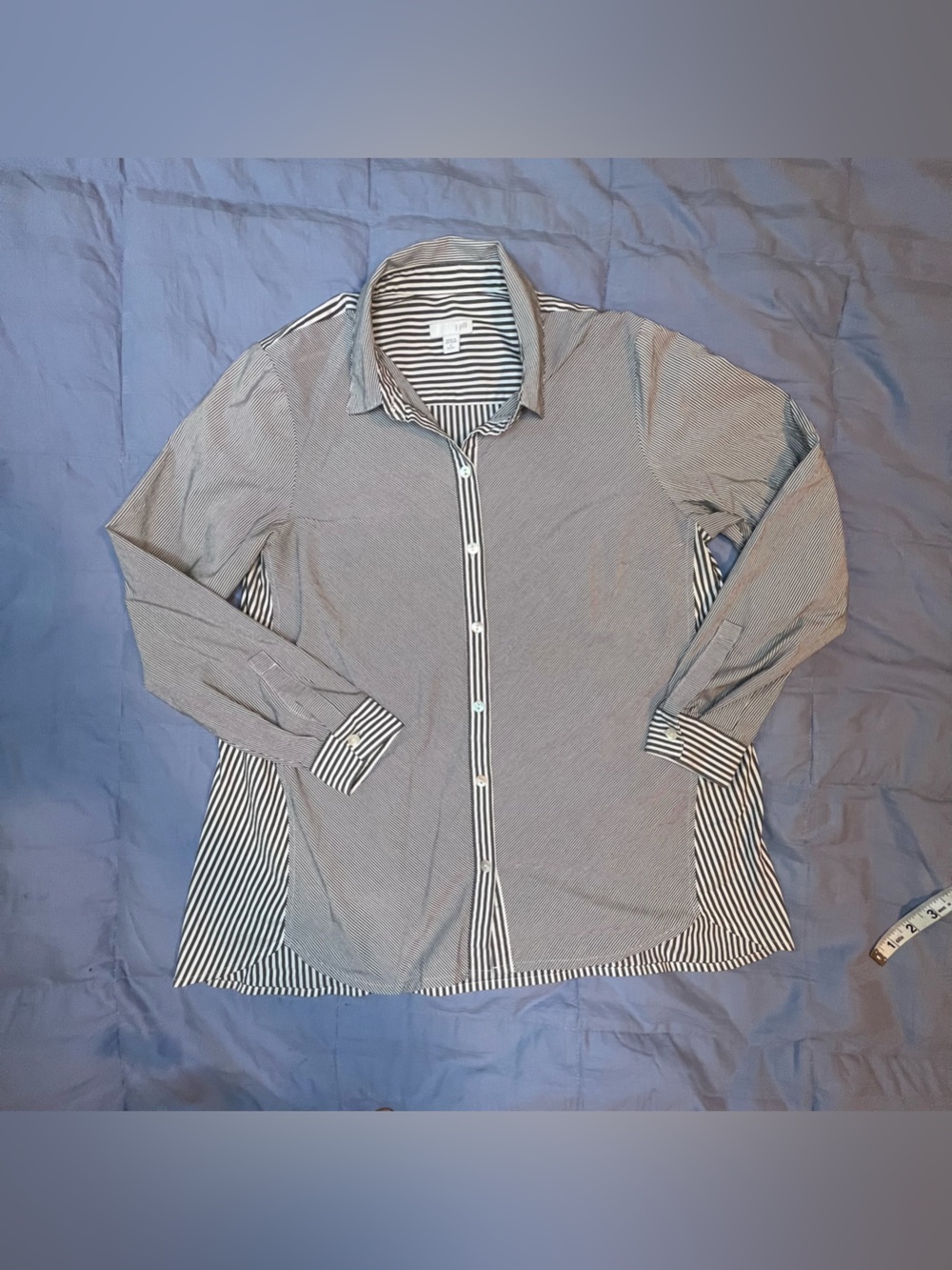 Vintage J. Jill Women's Black and White Striped Button-Down Shirt